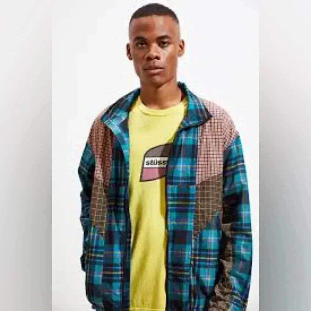 UO Mixed Plaid Blocked Track Jacket Size Large